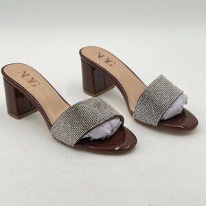 Brown Open Toe Rhinestones Mule Sandals Chunky Heel Slide Slipper Daily Shoes